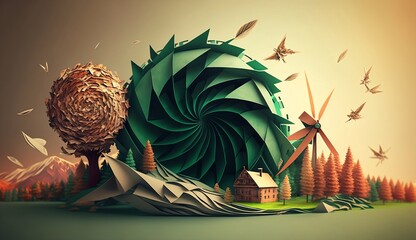 Abstract background with landscape green energy in autumn, nature, fresh air and eco world in paper art and craft design concept.  Created using generative AI.