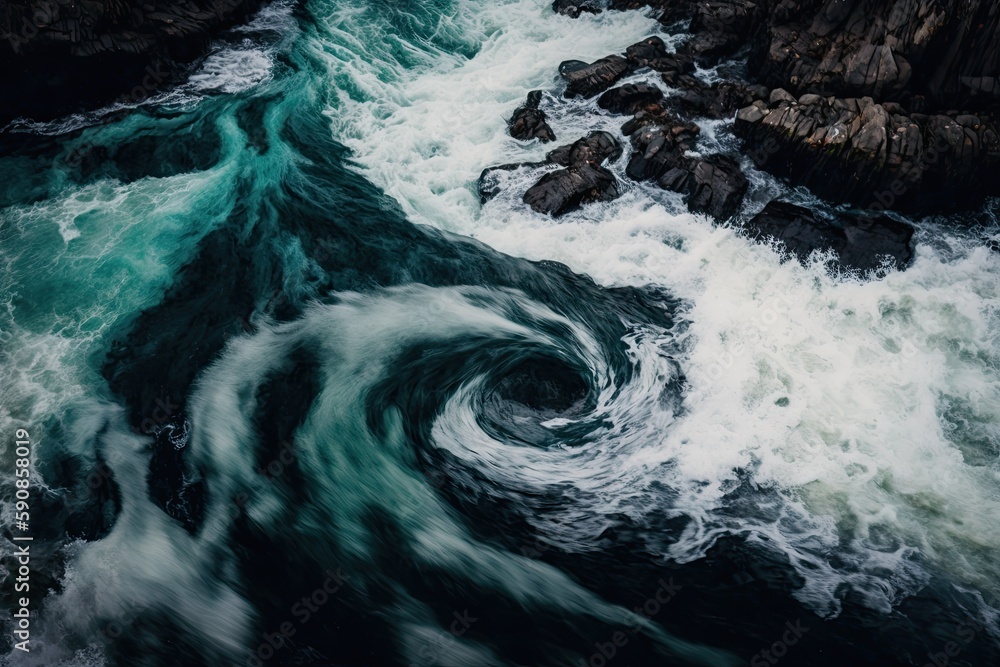 Poster an aerial view of the ocean waves crashing against rocks. generative ai