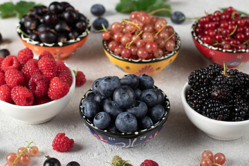 Summer vitamin food concept, set of various berries - blueberry, raspberry, blackberry, red white and black currant in bowls on gray table