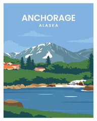 Alaska travel poster with mountains. travel to United States of America. vector illustration with colored style for poster, greeting card, postcard.