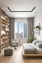 Cute children's room with house shaped shelves and crib, Interior design