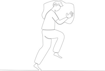 A man sleeping with a large pillow. Sleep one-line drawing