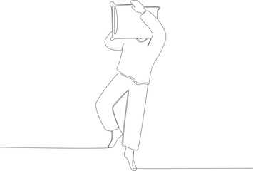 A young man slept with his face covered by a pillow. Sleep one-line drawing