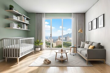 Cute children's room with house shaped shelves and crib, Interior design