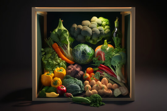 Caja rustica de verduras y fruta orgánica, creada con IA generativa