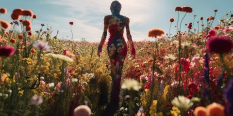 Madre naturaleza paseando por un campo de flores, dia de la tierra, mujer con vestido de flores, creada con IA generativa