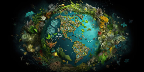 Obraz na płótnie Canvas Día de la tierra, planeta tierra rodeado de naturaleza, flores rodeando el mundo, planeta verde, cambio climático, creado con IA generativa 