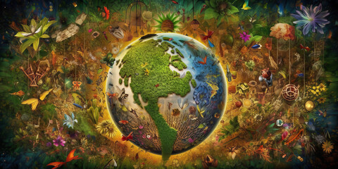 Obraz na płótnie Canvas Día de la tierra, planeta tierra rodeado de naturaleza, flores rodeando el mundo, planeta verde, cambio climático, creado con IA generativa 