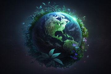 Día de la tierra, planeta tierra rodeado de naturaleza, flores rodeando el mundo, planeta verde, cambio climático, creado con IA generativa 