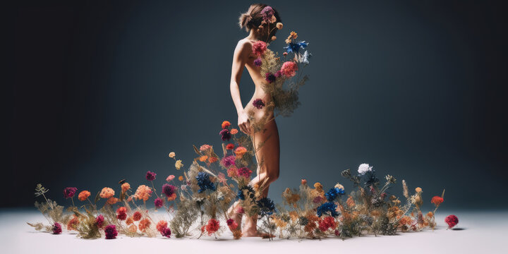 Mujer con un vestido de flores paseando por una alfombra de flores, madre naturaleza, d&iacute;a de la tierra, creado con IA generativa