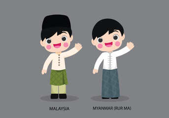 Malaysia peopel in national dress. Set of Myanmar man dressed in national clothes. Vector flat illustration.