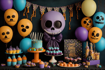 Fiesta de halloween para niños, fiesta temática halloween globos de calaveras y dulces, creado con IA generativa - obrazy, fototapety, plakaty