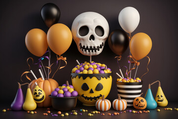 Fiesta de halloween para niños, fiesta temática halloween globos de calaveras y dulces, creado con IA generativa