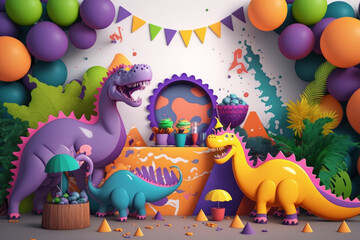 Fiesta de cumpleaños de dinosaurios, fiesta temática infantil, inspiración fiesta chicos y chicas, creado con IA generativa