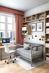 Cute children's room with house shaped shelves and crib, Interior design