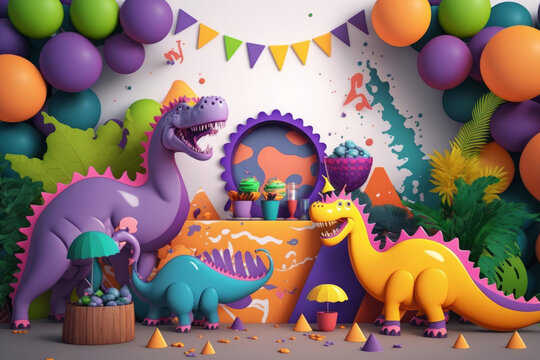 Fiesta de cumplea&ntilde;os de dinosaurios, fiesta tem&aacute;tica infantil, inspiraci&oacute;n fiesta chicos y chicas, creado con IA generativa