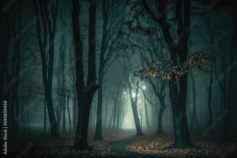 Poster mysterious forest with a beam of light breaking through the trees. generative ai