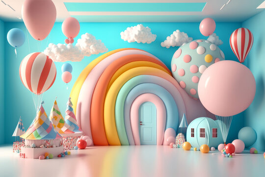 Fiesta de cumpleaños con globos aesthetic, evento infantil, Fiesta en un castillo hinchable, guardería, creado con IA generativa
