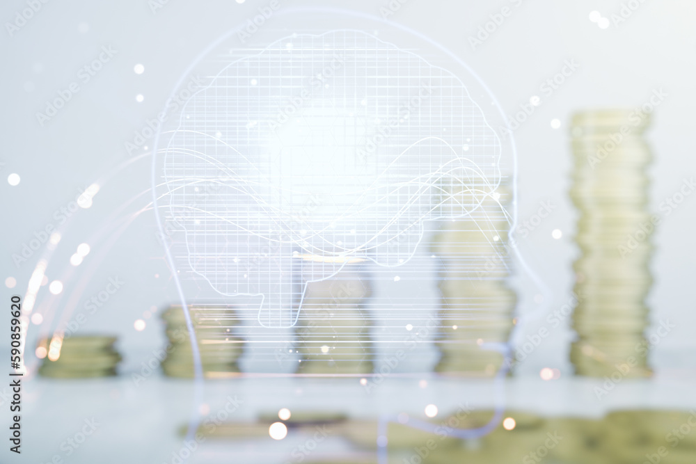 Aufkleber double exposure of creative artificial intelligence hologram on growing stacks of coins background. 