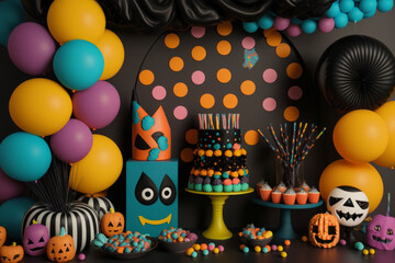 Fiesta de halloween con comida para los niños, fiesta temática halloween globos de calabazas, creado con IA generativa