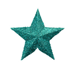 Light blue star isolated is decorates the top of a pine tree for Christmas or New Year.