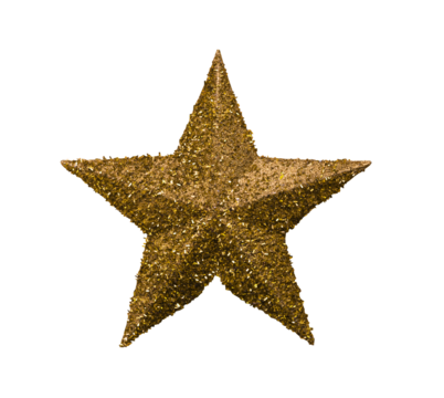 Gold star isolated is decorates the top of a pine tree for Christmas or New Year.
