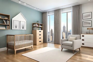 Cute children's room with house shaped shelves and crib, Interior design