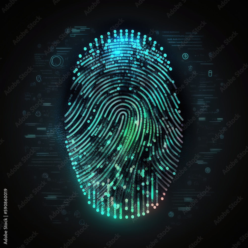 Poster fingerprint scanning unlock and access to business data network. generative ai