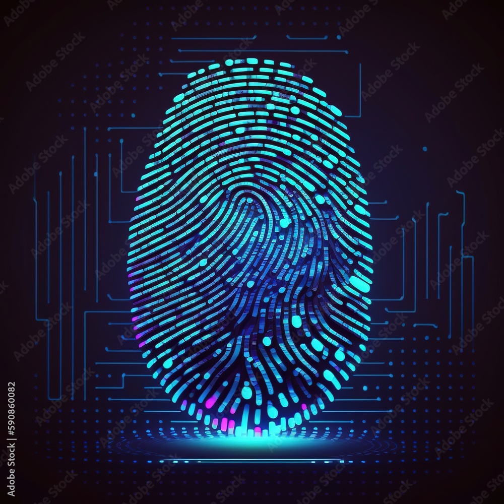 Poster fingerprint scanning unlock and access to business data network. generative ai