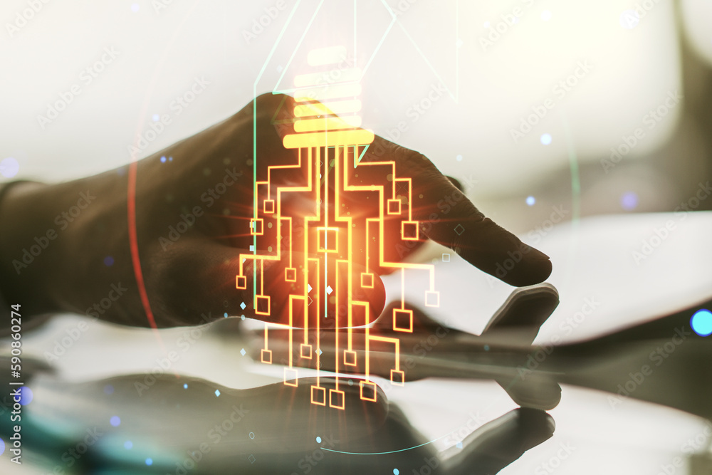 Poster creative light bulb with chip hologram and hand working with a digital tablet on background, artific