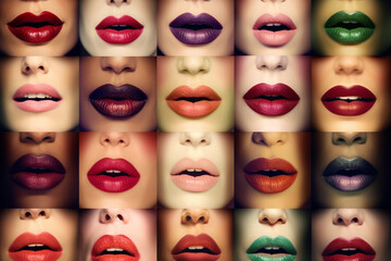 Beauty, fashion and make-up concept. Various women colorful lips collage. Vintage and grunge style. Fine-art and abstract illustrative art. Generative AI