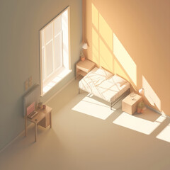 Habitación low poly isometrica color beige, cuarto pequeño 3d con luz natural, dormitorio aesthetic, creado con IA generativa 