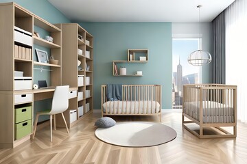 Cute children's room with house shaped shelves and crib, Interior design