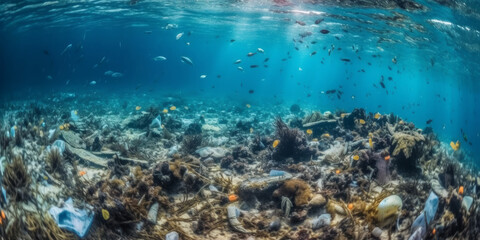 Naklejka na ściany i meble Fondo del mar contaminado con basura, plásticos en el océano, creado con IA generativa