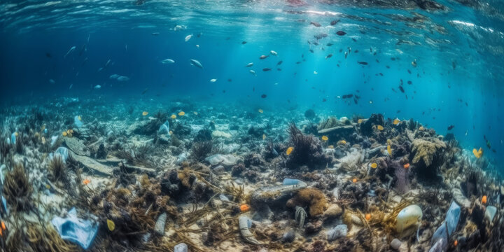 Fondo del mar contaminado con basura, plásticos en el océano, creado con IA generativa