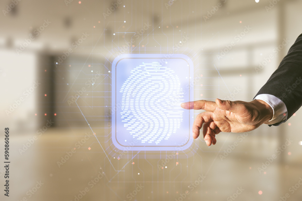 Aufkleber man hand working with abstract virtual fingerprint hologram on blurred office background. multiexpos