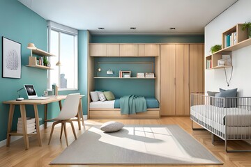 Fototapeta na wymiar Cute children's room with house shaped shelves and crib, Interior design