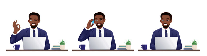 Handsome African business young man using laptop computer sitting at the desk isolated vector illustration