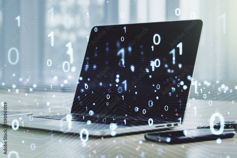 Fototapete creative concept of binary code illustration on modern laptop background. big data and coding concep