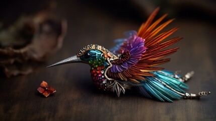 A brooch in the shape of a delicate hummingbird, with colorful feathers Generative AI - obrazy, fototapety, plakaty