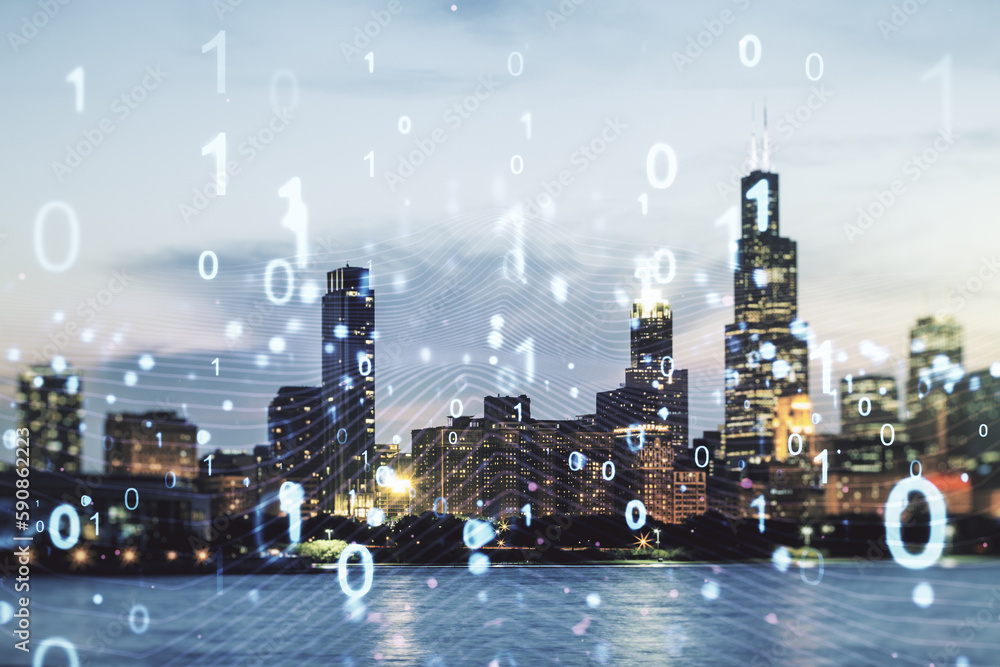 Leinwandbilder abstract virtual binary code illustration on chicago skyline background. big data and coding concept