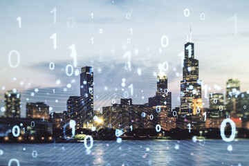 Abstract virtual binary code illustration on Chicago skyline background. Big data and coding...