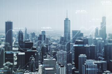 Fototapeta na wymiar Multi exposure of stats data illustration on Chicago city skyline background, computing and analytics concept