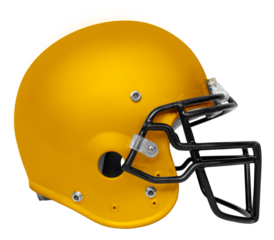 A side view of a yellow & black American football helmet with a transparent background.