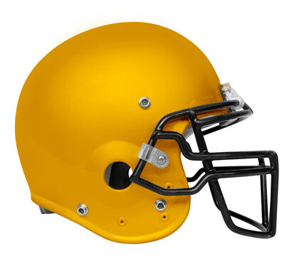 A side view of a yellow & black American football helmet with a transparent background.