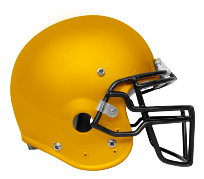 A side view of a yellow & black American football helmet with a transparent background.