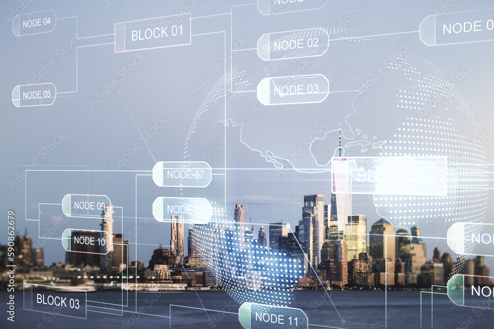 Poster multi exposure of abstract programming language hologram and world map on manhattan office buildings