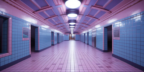 Pasillo subterráneo aesthetic con luces, creado con IA generativa