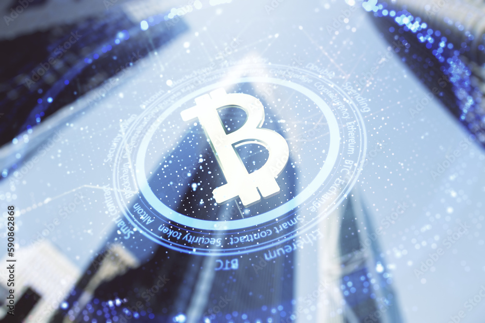 Aufkleber virtual bitcoin sketch on modern architecture background. double exposure