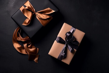 Dark gift boxes with satin ribbon and bow on black background. Holiday gift with copy space. Birthday or Christmas present, flat lay, top view. Christmas giftbox concept. AI generated.